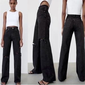 NWT ZARA High-Rise Full Length Wide Leg Ripped Jeans